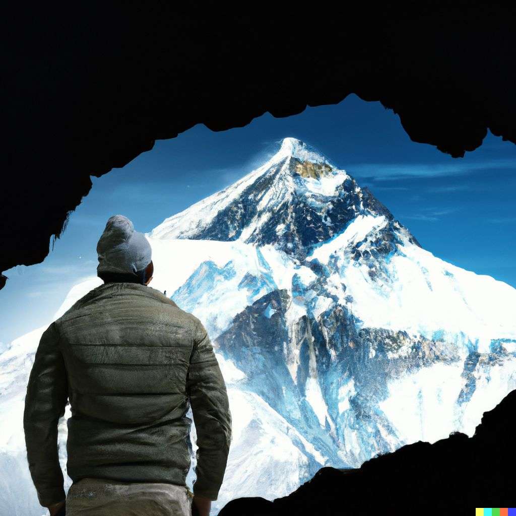 someone gazing at Mount Everest, mixed media
